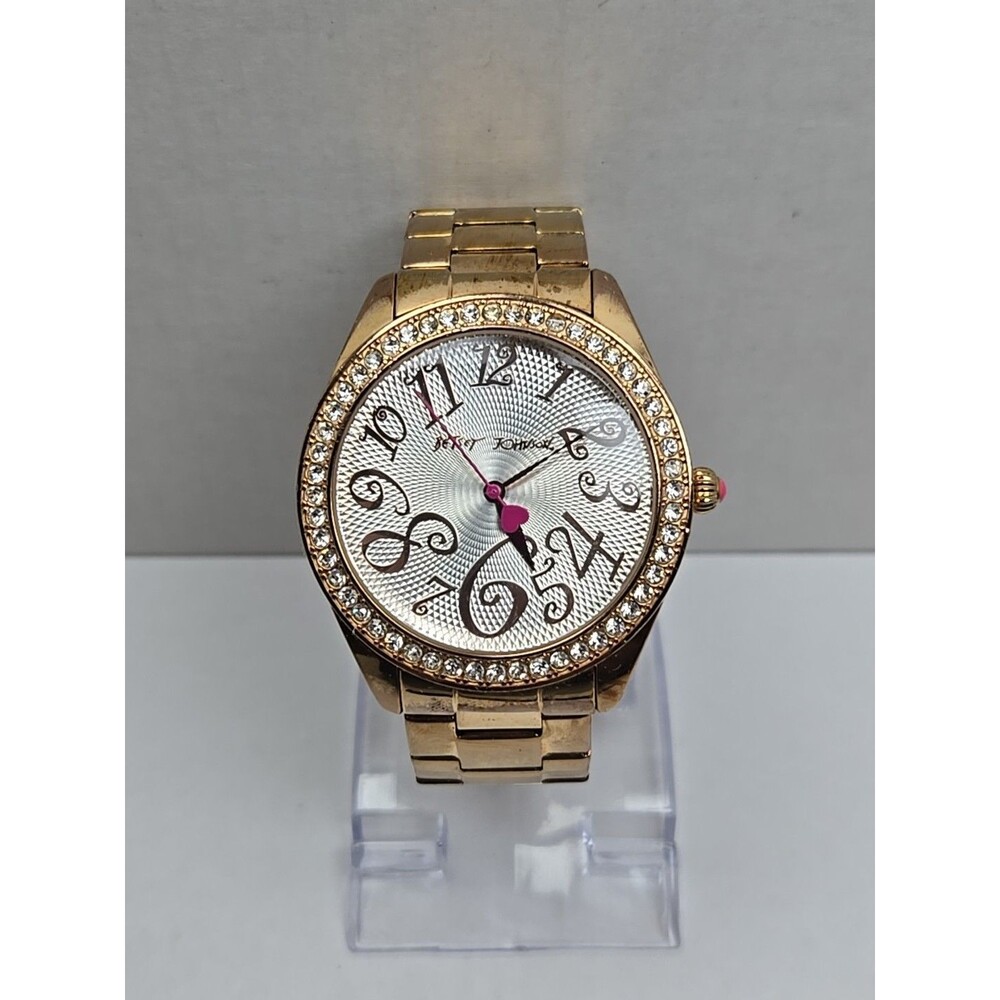 Womens Betsey Johnson 40mm Rose Gold Crystal Bezel Watch New Battery Dress Heart